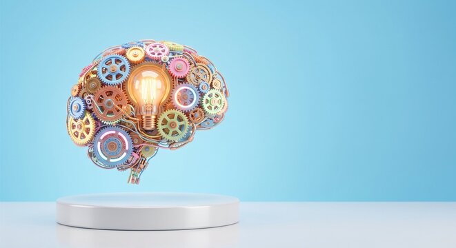 Mechanical gear brain with glowing light bulb inside on white podium ai technology concept 3d render