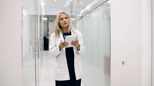 Blonde female doctor wearing a white lab coat walking through a modern clinic corridor while taking notes in her personal organizer