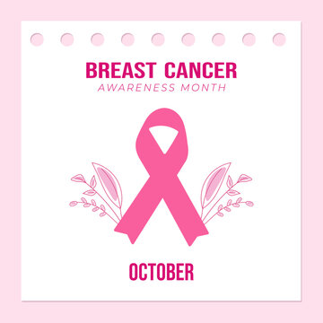Breast cancer awareness month pink ribbon symbol with floral elements on a calendar background. Vector illustration. Support, solidarity, awareness concept.