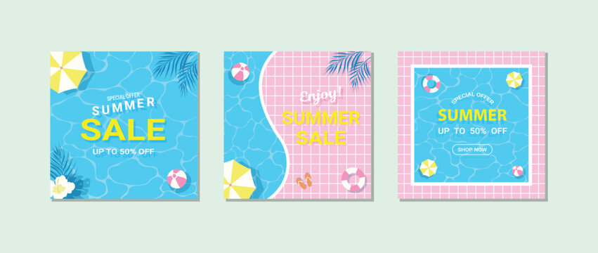 Summer sale banner template set for summer promotions featuring tropical decorations and poolside motifs, vector illustration.