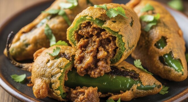 Close-up of golden-brown mirchi bajji, a savory Indian snack made with chili peppers coated in chickpea flour batter and deep-fried, AI generated