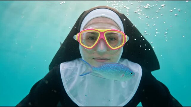 Nun in Pink Goggles Swimming Underwater with a Fish Offers a Striking Visual Metaphor for Exploring Faith in Uncharted Waters