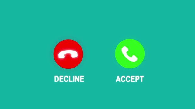 Incoming Call Accept and Decline Button Animation  Green accept button and red decline button icon movement on black background in high-quality motion graphic. 
