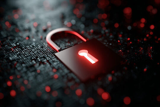 Metal padlock with glowing red keyhole on digital circuit board background, cyber security concept, data protection illustration, technology safety, internet privacy, encryption, secure network