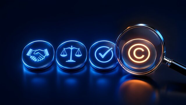 Magnifying glass focusing on a glowing copyright symbol next to handshake scale of justice and checkmark icons representing intellectual property law.