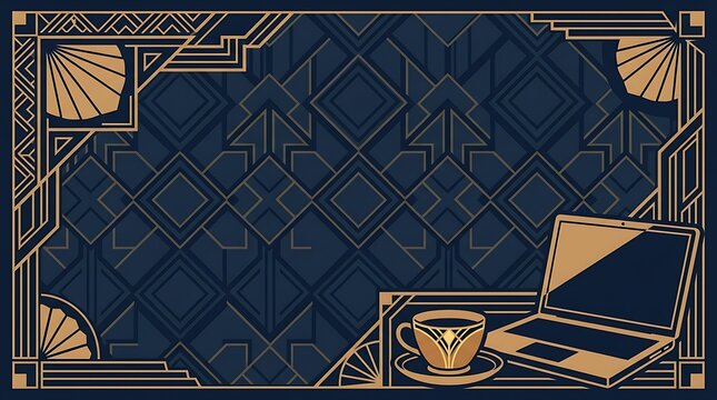 Art deco workspace background with laptop and coffee cup