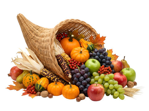 Wicker cornucopia filled with fresh autumn harvest fruits and vegetables isolated on transparent background