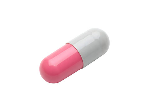 A single pink and white medical pill capsule isolated on transparent background