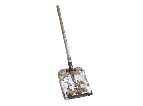 Old rusty metal snow shovel with wooden handle isolated on transparent background
