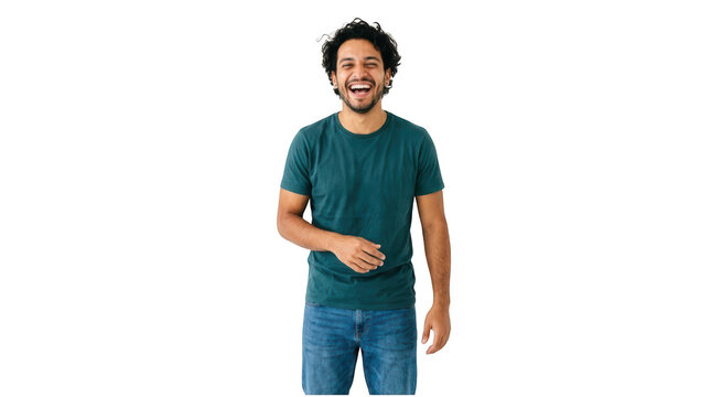 Happy young man laughing and looking at camera isolated on transparent background