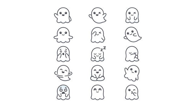 Cute playful ghost characters set with different emotions and actions for halloween celebration design elements and icons for website.