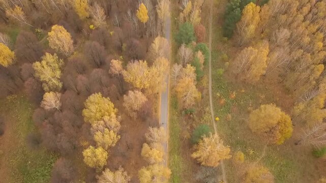 Top down drone flight over Pushchino autumn road to church