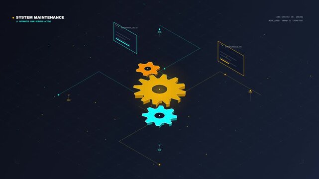 Isometric 3D Animation of Rotating Gears with System Maintenance HUD Display for Technical Support and Software Updates