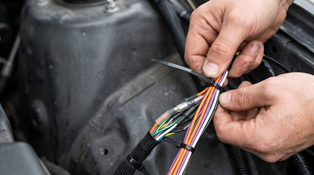 Close up of mechanic hands securing colorful electrical wires with a zip tie in a car engine bay. Automotive wiring repair and maintenance