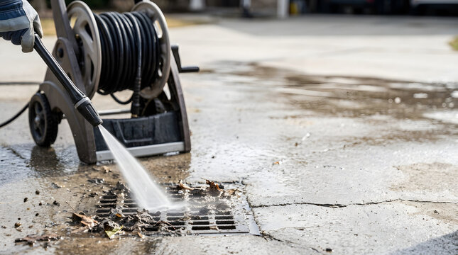 Power washing a dirty concrete driveway and storm drain grate. Person using a high pressure water spray to clean outdoor surface
