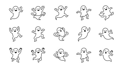 Obraz premium Set of cute ghost characters outlined in simple black lines showing various happy poses and expressive movements for spooky festive holiday halloween graphic design projects.