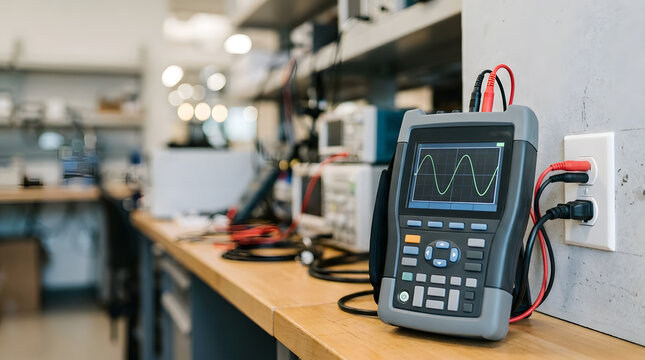 Electrical testing device displaying a sine wave connected to a wall outlet. Power quality analyzer on a wooden workbench in an electronics laboratory.