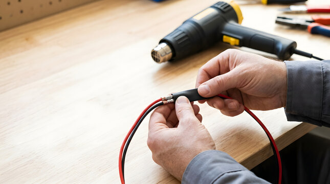 Electrician applying black heat shrink tubing to spliced wires. Close-up of hands working on electrical repair at a wooden workbench.