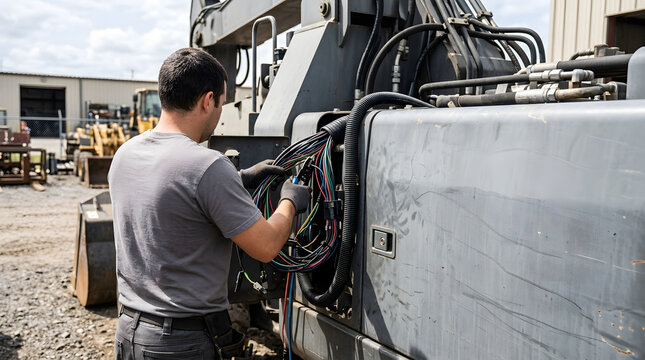 Male mechanic repairing electrical wiring on heavy machinery. Industrial electrician fixing colorful cable harness on construction equipment outdoors