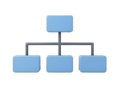 Three dimensional blue organizational chart structure with four boxes isolated on transparent background