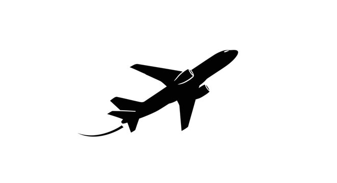 Silhouette of a jet airplane ascending against a white background