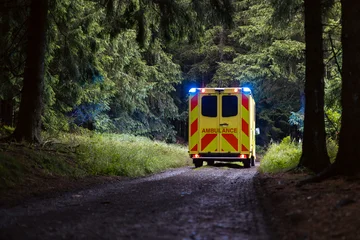 Emergency medical service ambulance vehicle driving on narrow rural road inside dense forest at twilight.  Rescue in remote location, urgent healthcare response and medical transport concept. © Chalabala