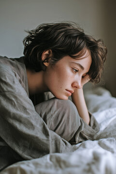 A sad young woman with a distant and tired look, depressed, lonely and in need of support