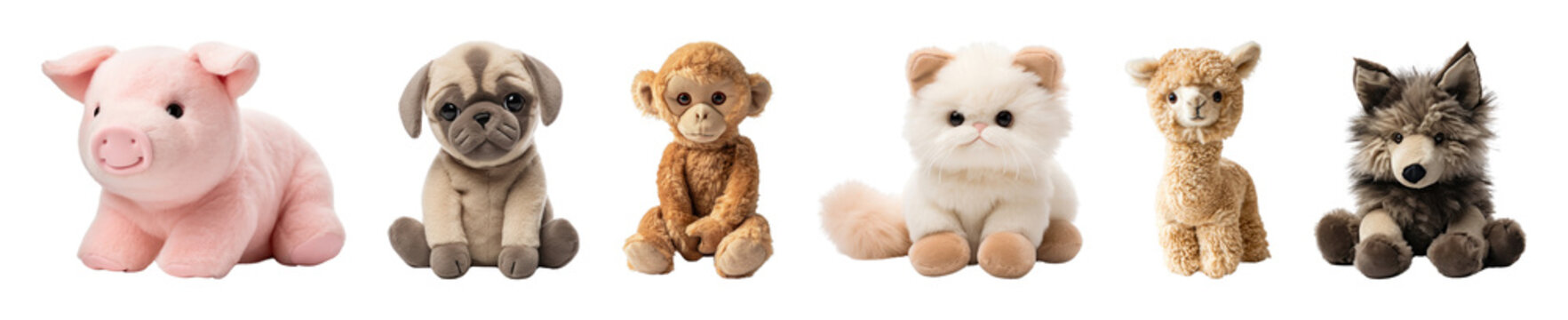 PNG Adorable plush animal toys lineup on transparent background
