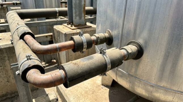 Thermal energy storage tank pipe connection macro shot industrial metal insulation system