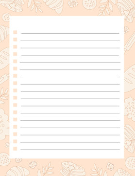 Bakery and coffee grocery list template with blank lines.Minimalist shopping list or recipe page blank template. Sweet pastry, croissants and donuts border frame on white background.