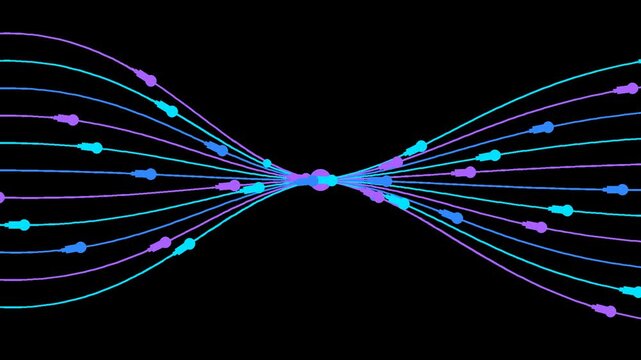 Abstract digital data flow with glowing colorful curved lines converging and diverging in a dynamic pattern