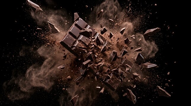 Dark chocolate bar exploding into pieces with cocoa powder on black background