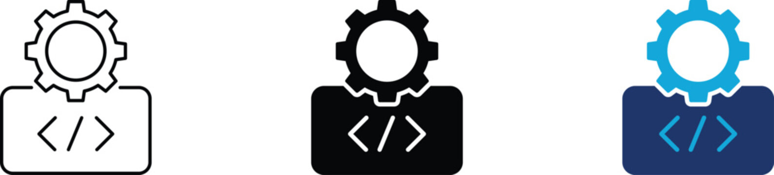 Web development and programming icon set. Code optimization, gear settings, software engineering, web building, backend development, algorithm setup, tech maintenance, custom coding