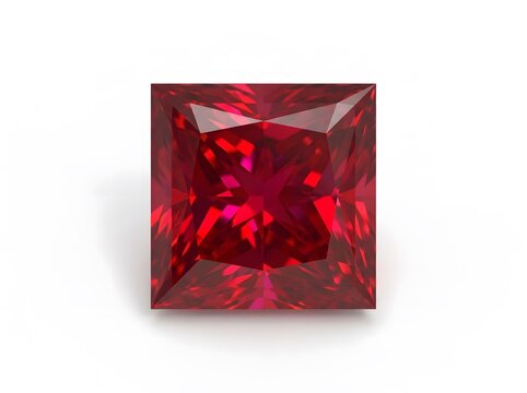 A single square cut vibrant red ruby gemstone isolated on a clean white background showcasing brilliant facets and deep rich color for jewelry design