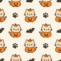 Naklejka premium Cute Halloween Seamless Pattern. Cute Pumpkin Cat, kawaii cartoon background. for fabric print, gift wrapping paper, wallpaper. Vector illustration