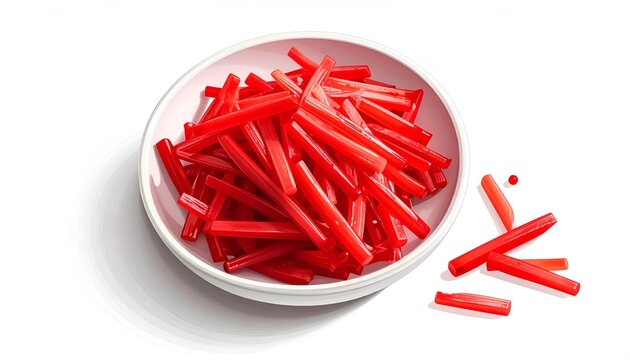 A white ceramic bowl filled with finely shredded red pickled ginger beni shoga on a plain white backdrop