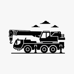 Fototapeta premium Modern Black and White of Heavy Duty Crane Truck with Extended Boom and Hook with high quality professional line art symbols for modern creative design and digital branding projects