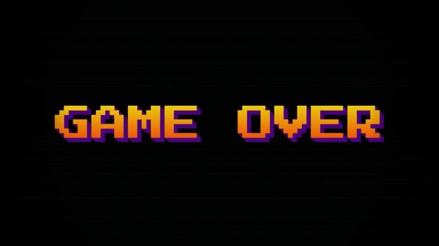 Nostalgic 8-bit arcade ending sequence featuring pixelated typography and analog glitch distortions on cathode ray tube background 4k video