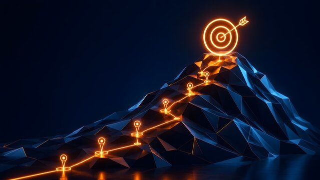 Glowing neon path with location pins leading to a target on a low poly mountain peak symbolizing digital business strategy and goal achievement