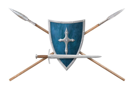 sword shield and two lances isolated on white