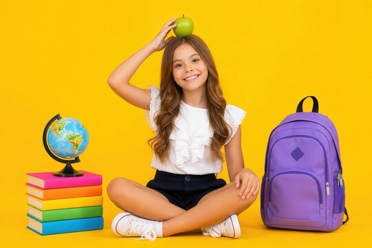 Smiling young girl sitting with globe and books and purple backpack on yellow background, back to school concept for educational advertising materials