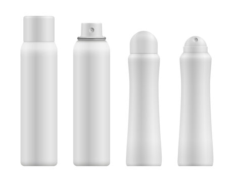 Spray deodorant mockups set. Vector isolated opened and closed scent neutralizers in male and female design. Metallic cosmetic sweat control products collection and hygiene care elements