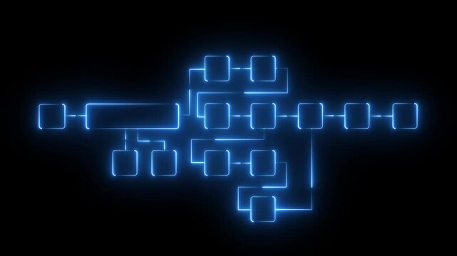 Futuristic neon flowchart diagram with glowing connected blocks and dynamic digital pathways representing system workflow, data processing, and modern technology architecture.