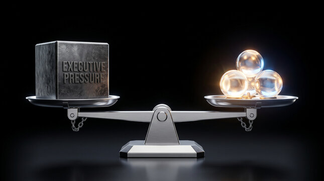 Silver Balance Scale Weighing Executive Pressure Metal Cube against Glowing Glass Spheres, Management Balance Concept
