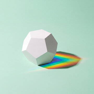 White geometric dodecahedron casting a vivid rainbow shadow on mint green background, surreal minimal light concept
