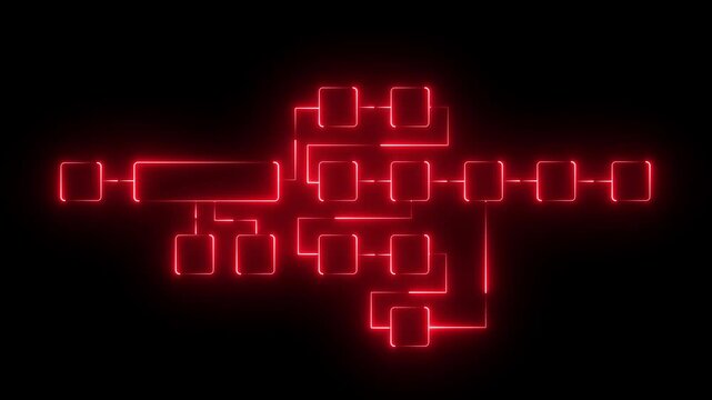 Futuristic neon flowchart diagram with glowing connected blocks and dynamic digital pathways representing system workflow, data processing, and modern technology architecture.