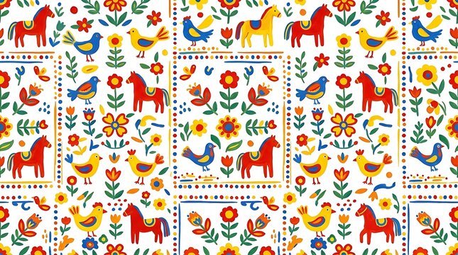 Folk art pattern with traditional horses birds and flowers