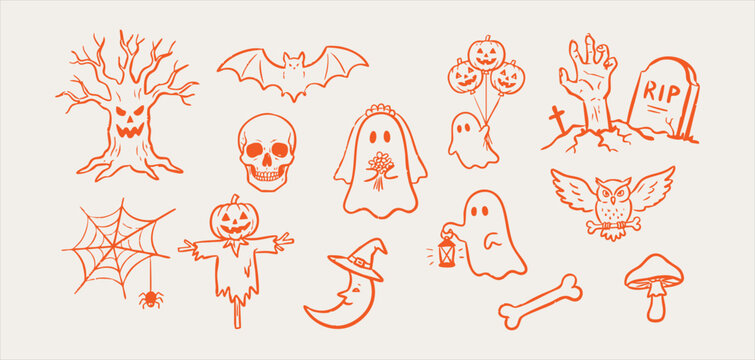 Hand drawn haunted graveyard Halloween doodle Set with zombie hand, gravestone, bat, crescent moon witch hat, spiderweb and owl for eerie spooky design. vector