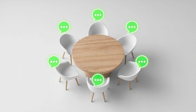 3D Render of Round Wooden Meeting Table with Identical Chairs and Glowing Speech Bubbles, Concept of Equal Voice and Inclusion

