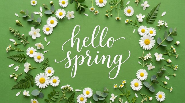 Hello spring text written in calligraphy surrounded by a beautiful wreath of white daisy flowers and green leaves